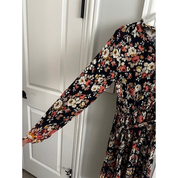 POL Floral Long Sleeve Tie-Back Ruffle Fall Dress Navy Small - Picture 4 of 7